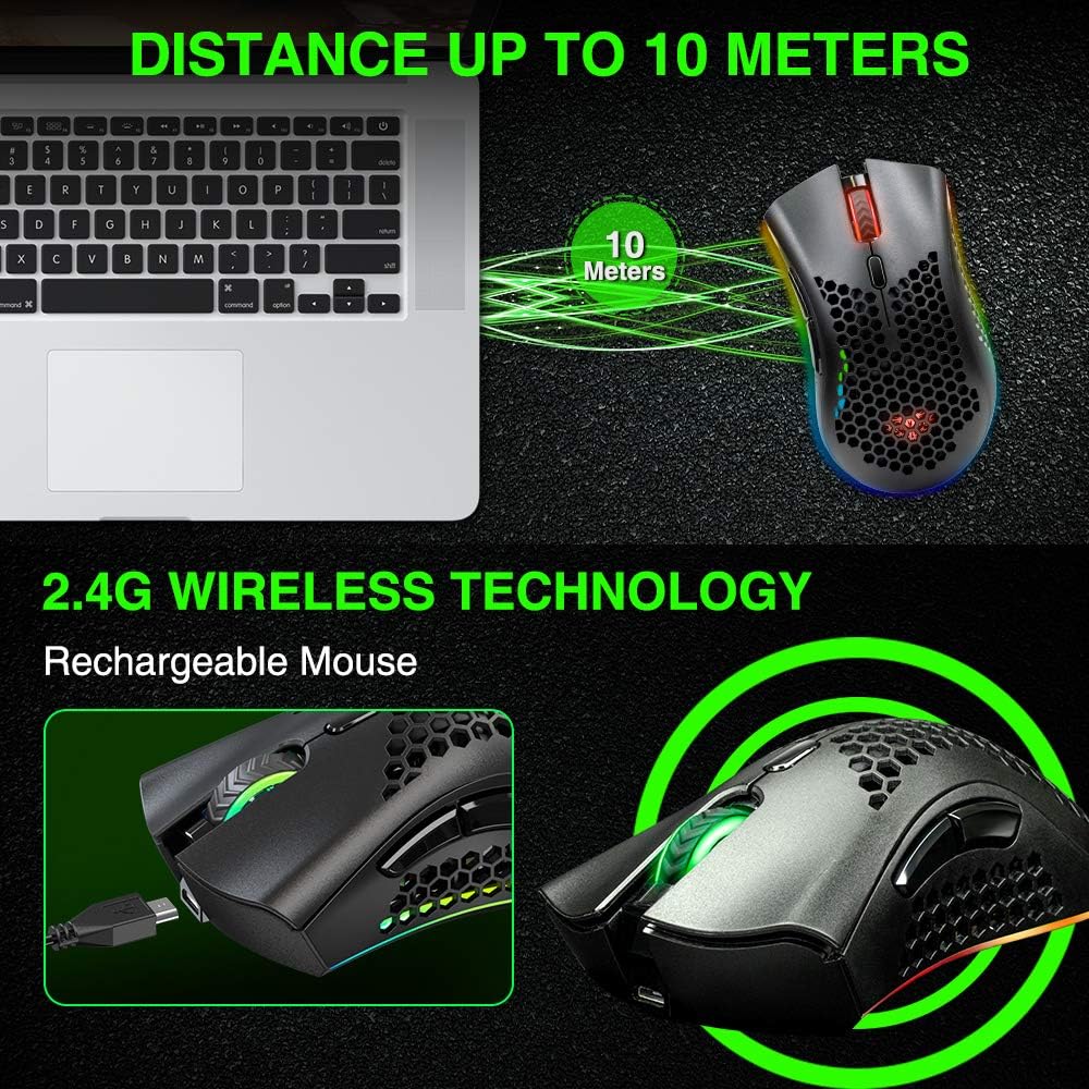 Bengoo KM-1 Rechargeable Wireless RGB Gaming Mouse - Ultra-Lightweight, Honeycomb Design, High Precision
