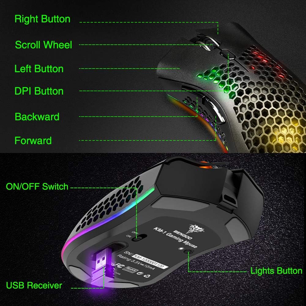 Bengoo KM-1 Rechargeable Wireless RGB Gaming Mouse - Ultra-Lightweight, Honeycomb Design, High Precision