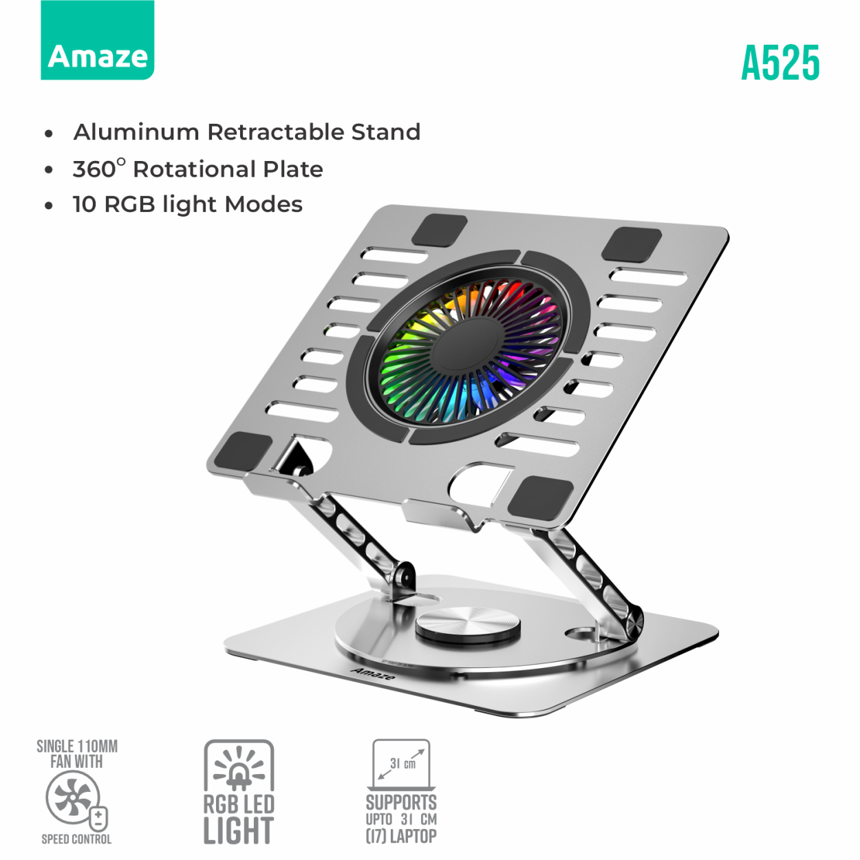 Amaze A525 RGB Laptop Aluminum Rotatable Cooling Stand with 360 Degree Rotational Plate