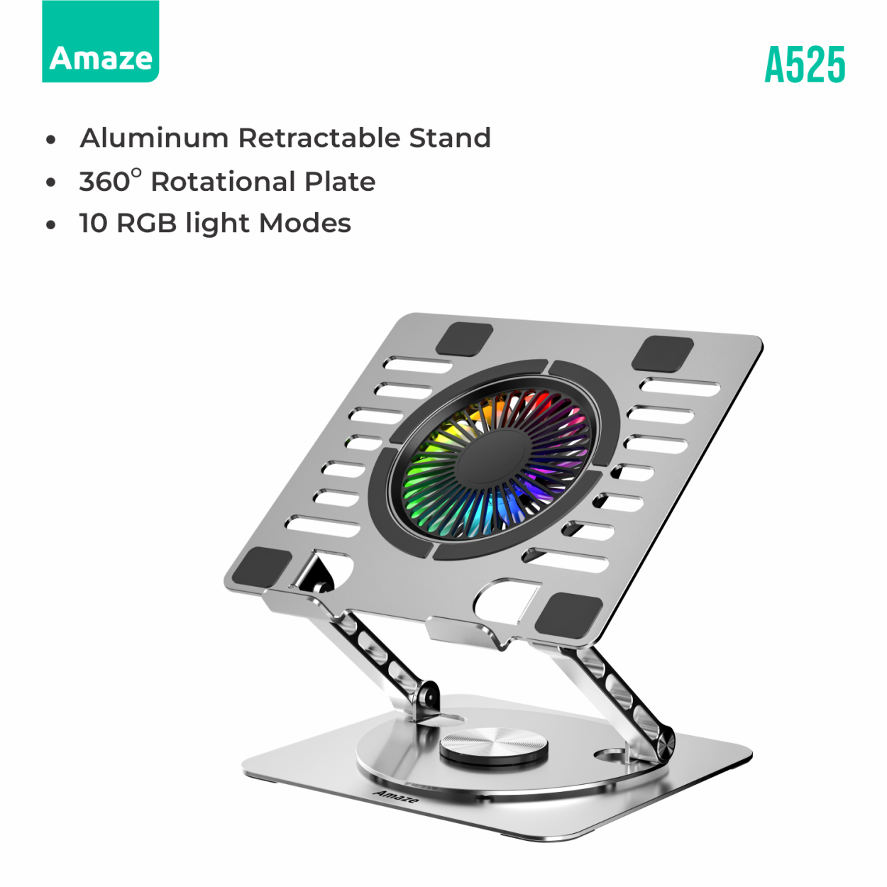 Amaze A525 RGB Laptop Aluminum Rotatable Cooling Stand with 360 Degree Rotational Plate
