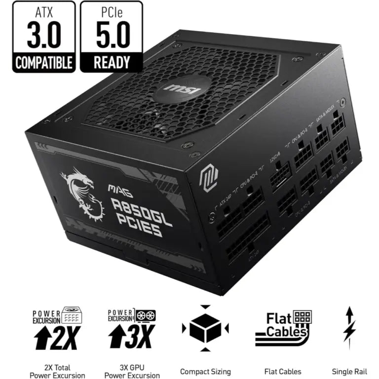 MSI MAG A850GL PCIE 5 & ATX 3.0 Gaming Power Supply – Full Modular – 80 Plus Gold
