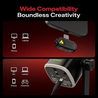 MAONO PD100WS Wireless Gaming Microphone Dynamic Streaming USB Mic, 2.4G Wireless and USB, 3 Level Noise Cancelling, RGB, Mute Button, Black