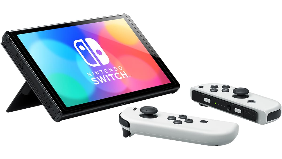 Nintendo Switch OLED console with detached Joy-Con controllers