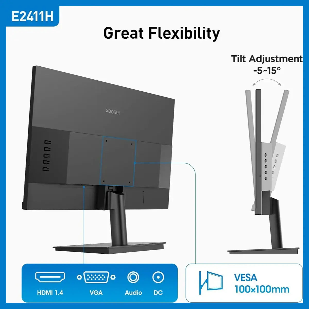 Koorui E2411H Gaming Monitor 24 Inch 120Hz IPS FHD 99% sRGB FreeSync VESA Mount HDMI 1.4 VGA