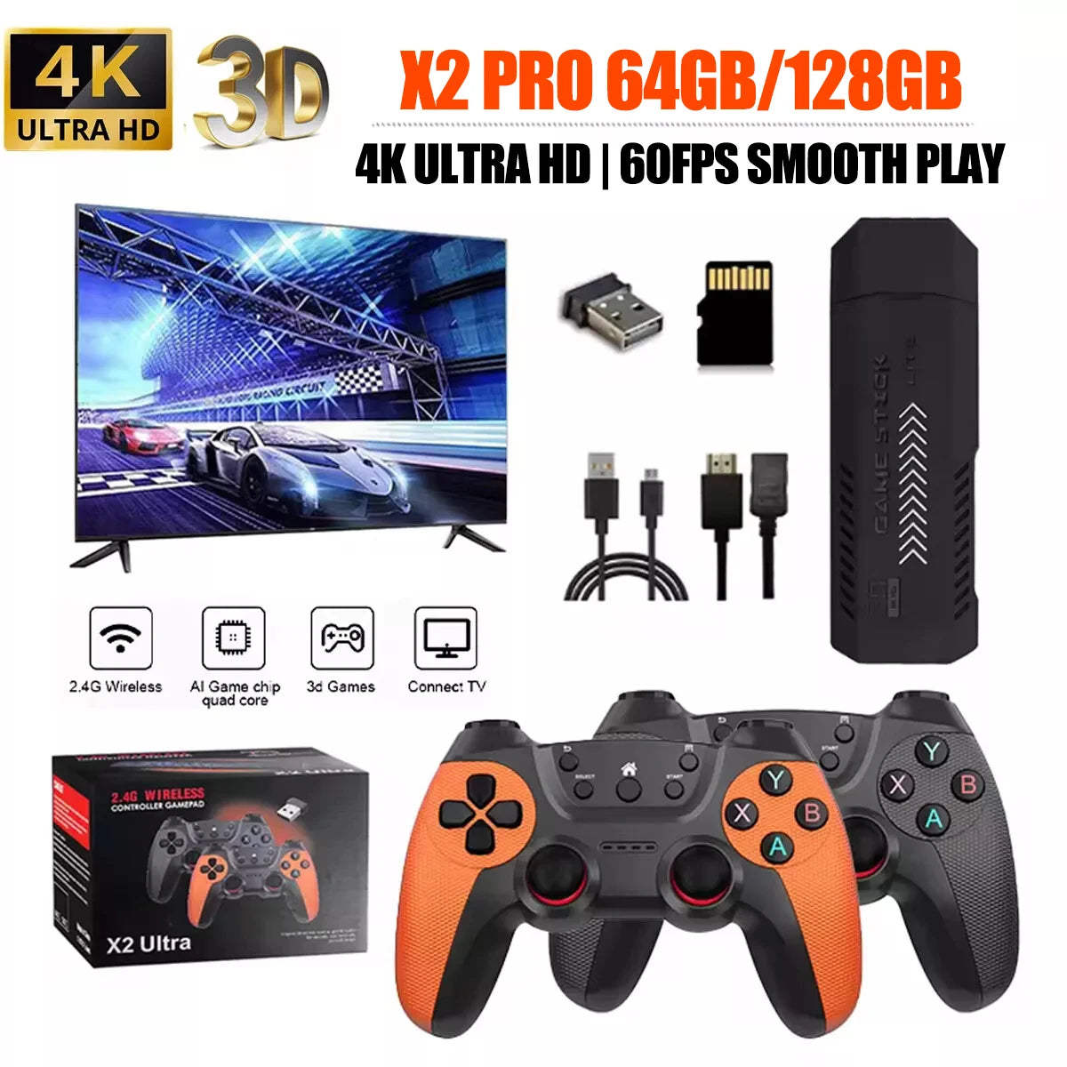 X2 Pro 64GB 35000+ Games 4K Game Stick 3D Retro Video Game Console