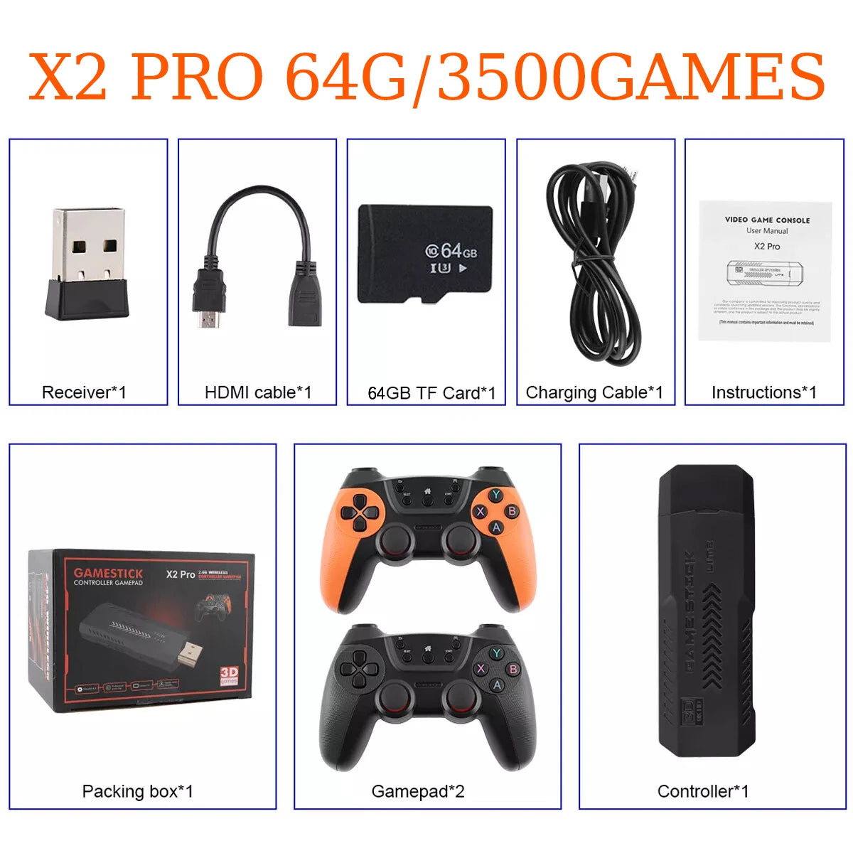 X2 Pro 64GB 35000+ Games 4K Game Stick 3D Retro Video Game Console