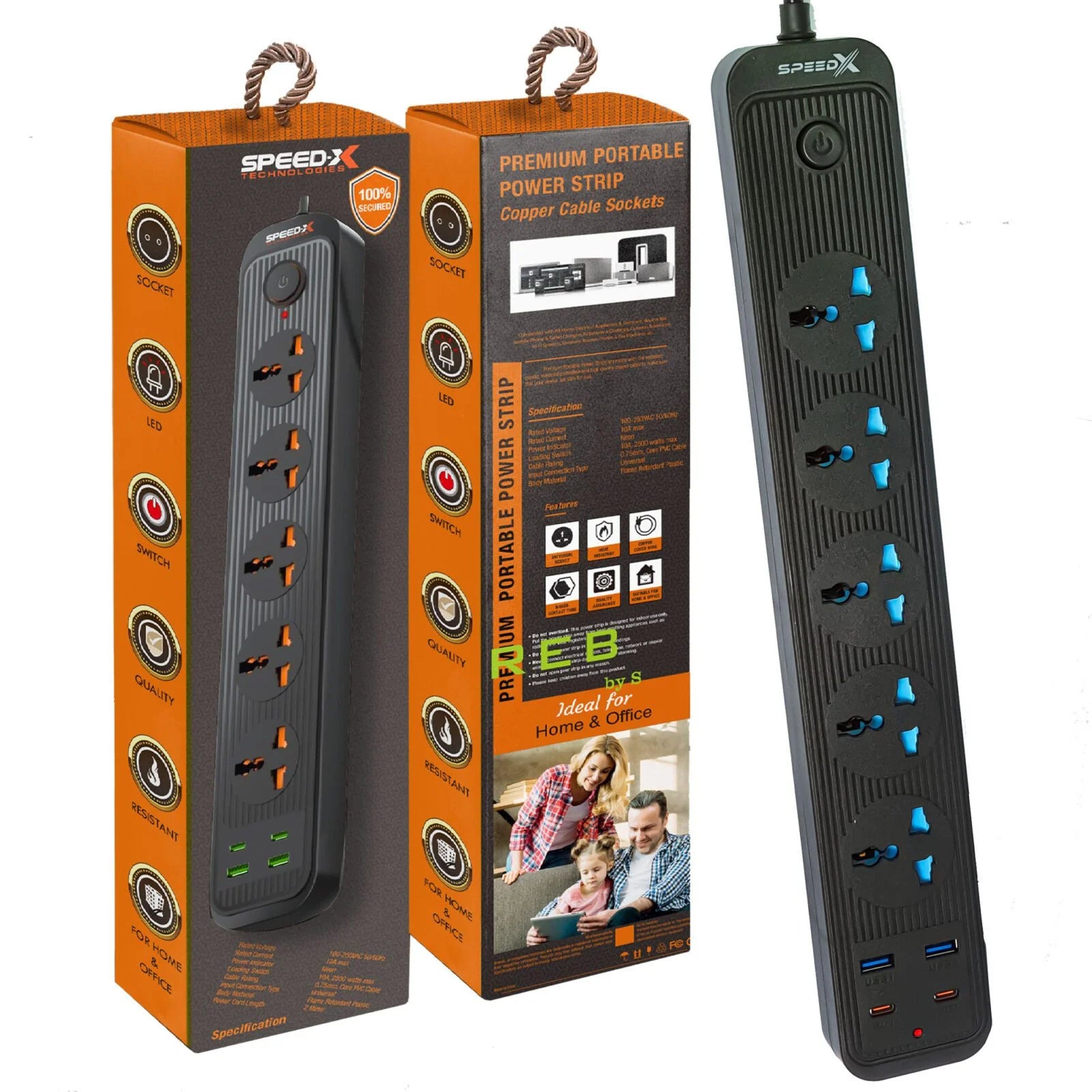 Speed-X 504PU Premium Portable Power Strip 5 Socket +2 USB Port + 2 TYPE C USB