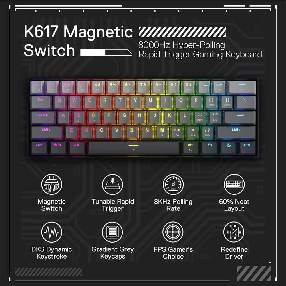 Redragon K617 FIZZ 60% Rapid Trigger Wired Magnetic Switch Gaming Keyboard