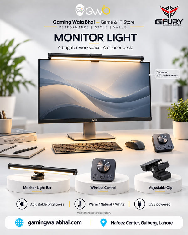 GFury monitor light bar with wireless controller — GWB showcase; monitor not included