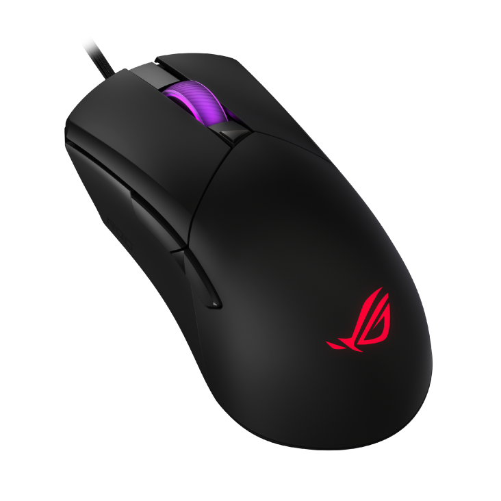 ROG Gladius III Core_01 – Angled front-left view of the ROG Gladius III Core gaming mouse, featuring a black matte finish and illuminated scroll wheel