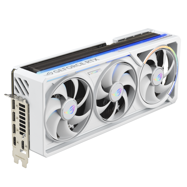03_ROG-Astral-RTX5080-White_angled top down view focous on IO+lighting