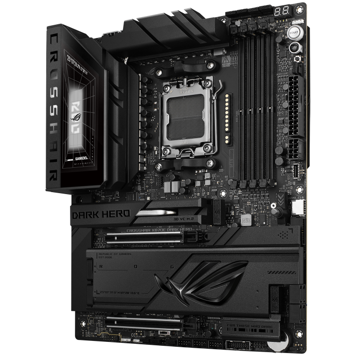 ROG Crosshair X870E Dark Hero front view, 45 degrees