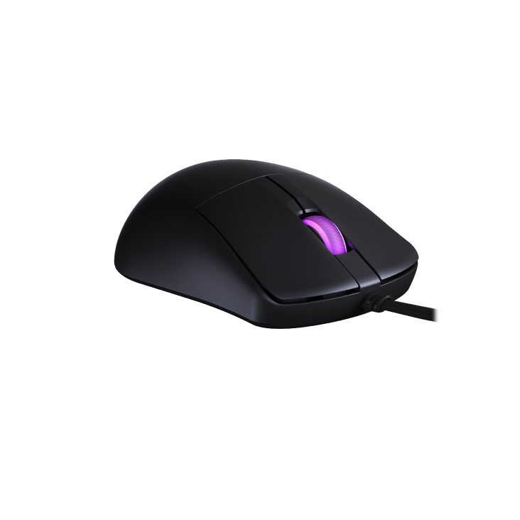 Angled rear-left view of the ROG Harpe Mini Core, highlighting the curvature and rear lighting accents.