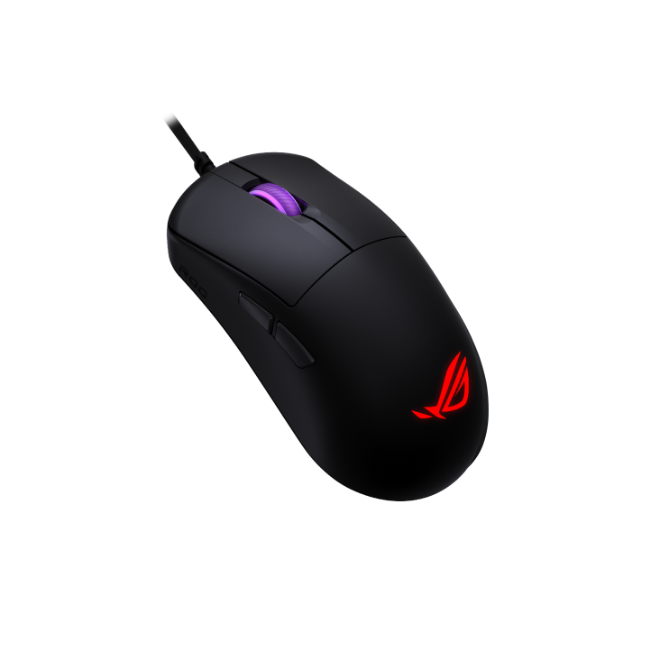 Angled front-left view of the ROG Harpe Mini Core gaming mouse, featuring a black matte finish and illuminated scroll wheel