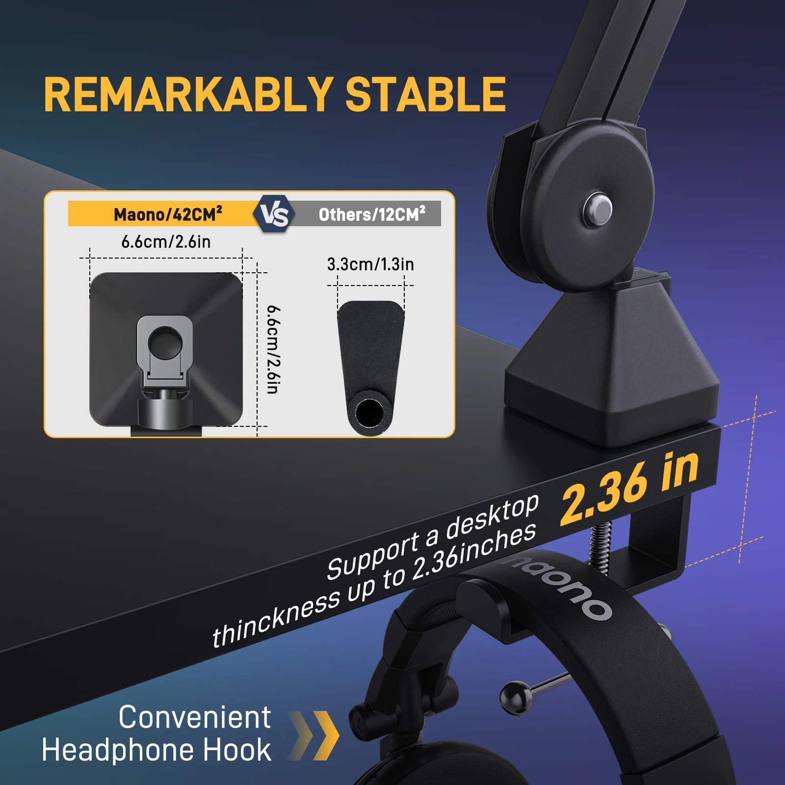 MAONO BA37 microphone boom arm — desk clamp and stability