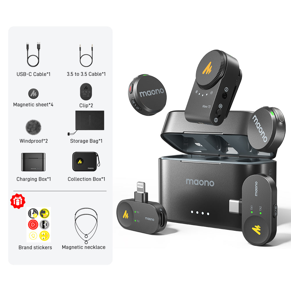 MAONO Wave T5 PA3 wireless microphone kit with camera USB-C and Lightning receivers