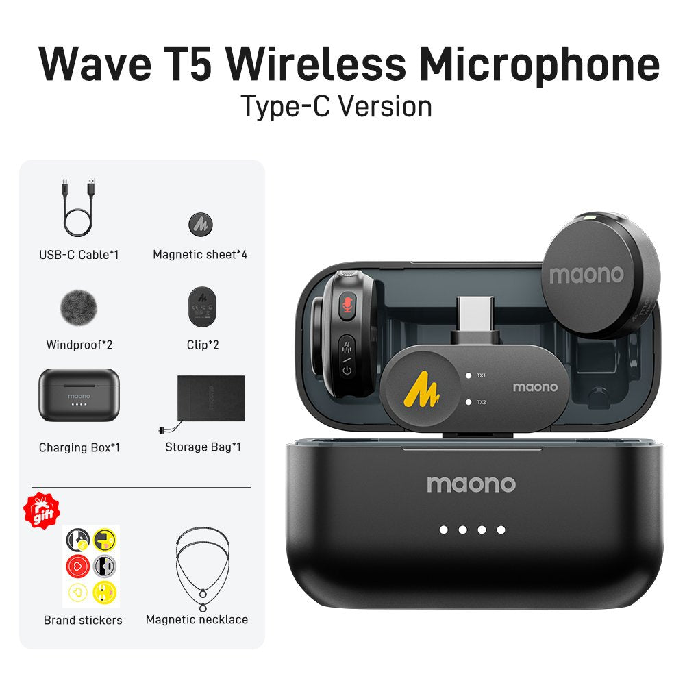 MAONO Wave T5 PC2 wireless microphone kit with USB-C receiver