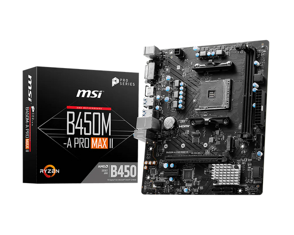 MSI B450M-A PRO MAX II motherboard with retail box