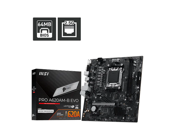 MSI PRO A620AM-B EVO motherboard with retail box
