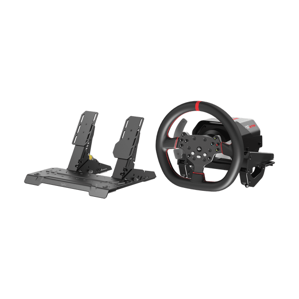 PXN V10 Ultra racing wheel with two metal pedals on white background