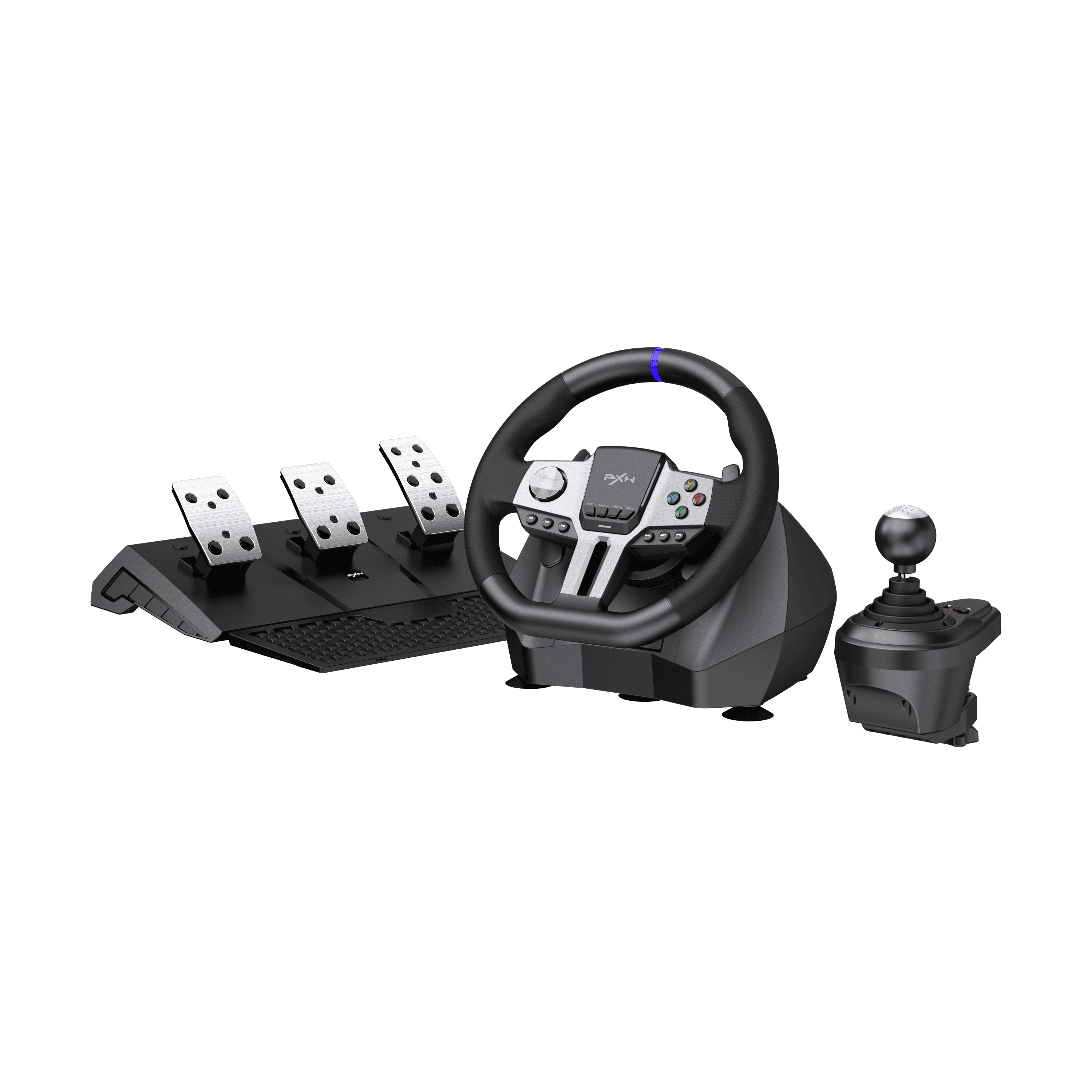 PXN V9 Gen2 Racing Wheel with Hall Pedals & Shifter — product and pedals on white background