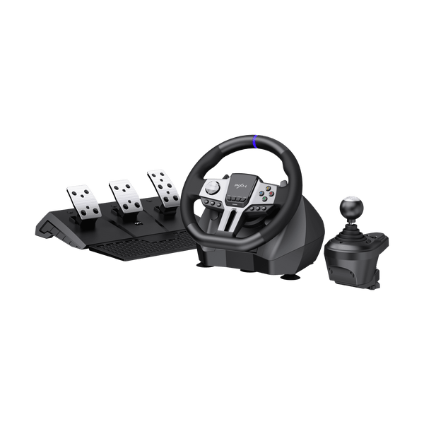 PXN V9 Gen2 Racing Wheel with Hall Pedals & Shifter — product and pedals on white background