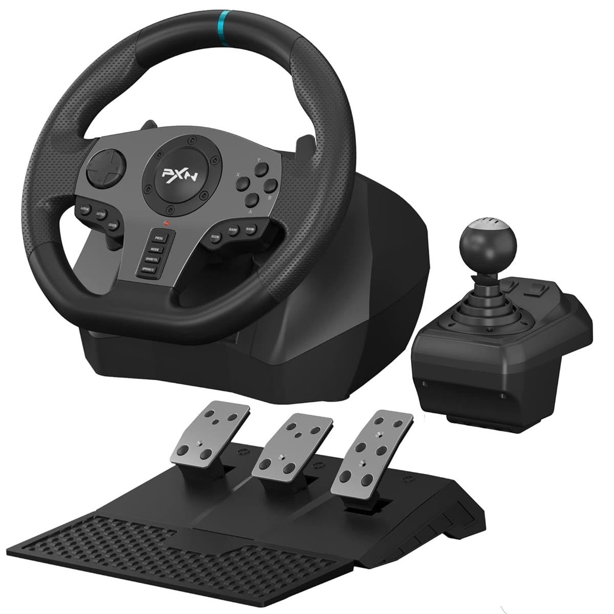 PXN V9 racing wheel with three pedals and gear shifter on white background