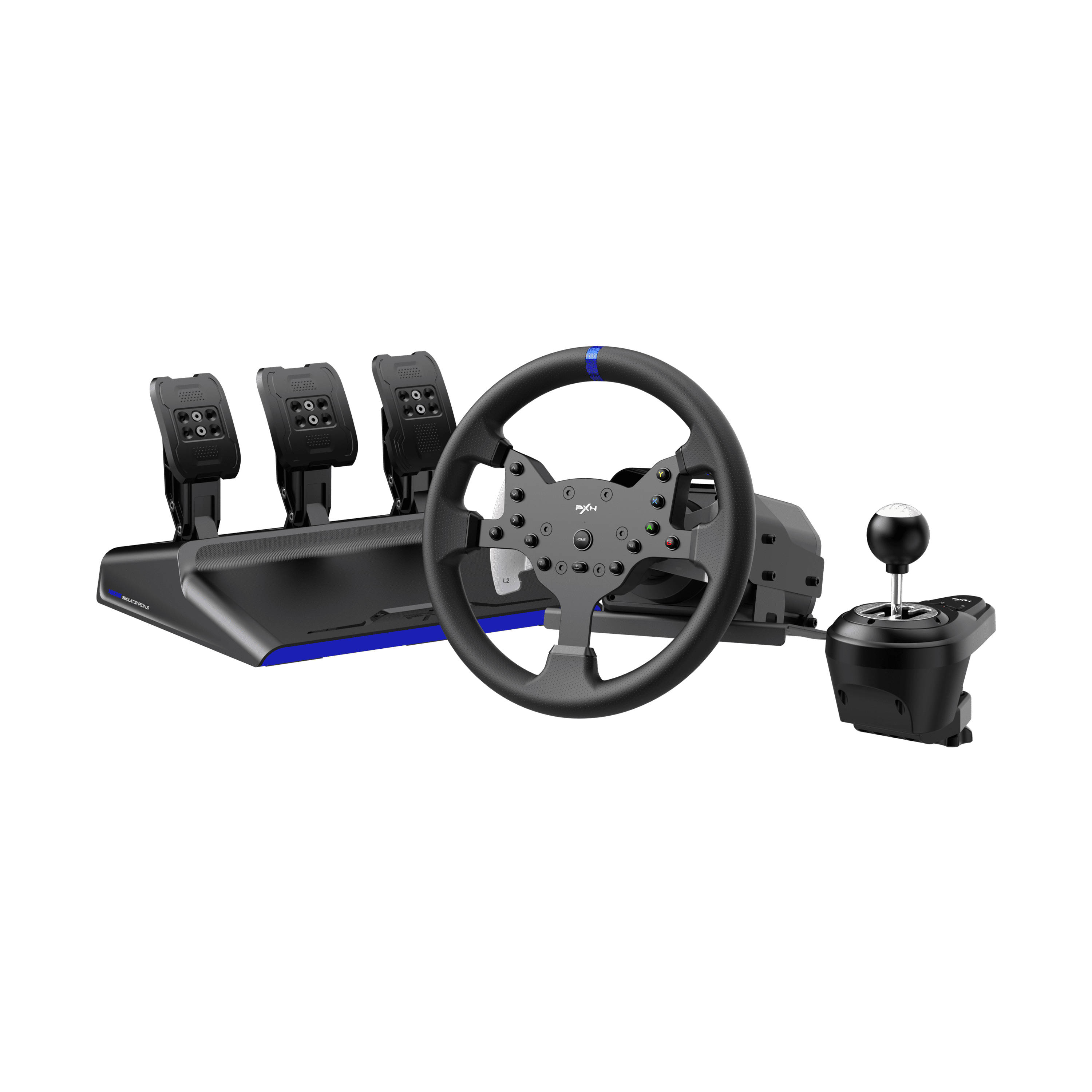 PXN V99 Force Feedback Racing Wheel with Pedals & Shifter — product and pedals on white background