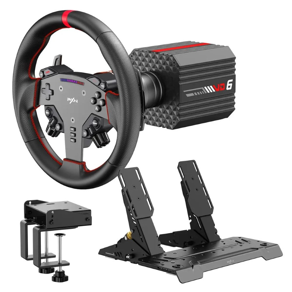 PXN VD6 direct drive wheel bundle with pedals and desk clamp on white background
