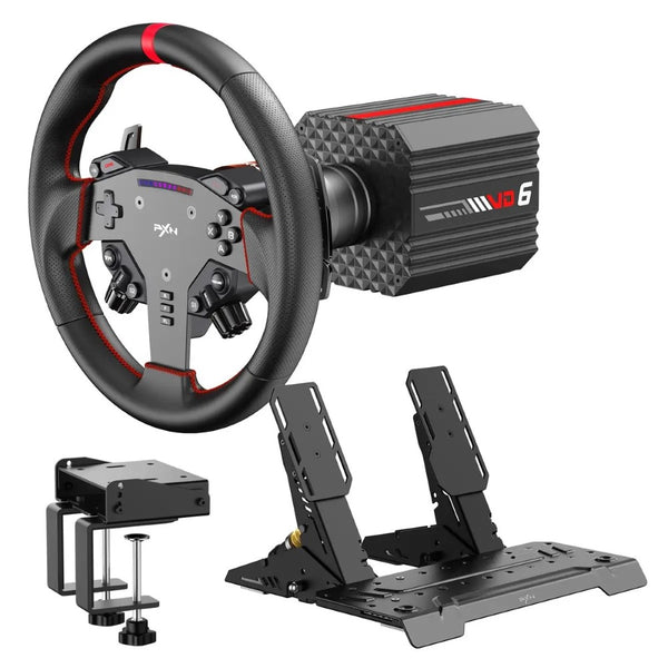 PXN VD6 direct drive wheel bundle with pedals and desk clamp on white background