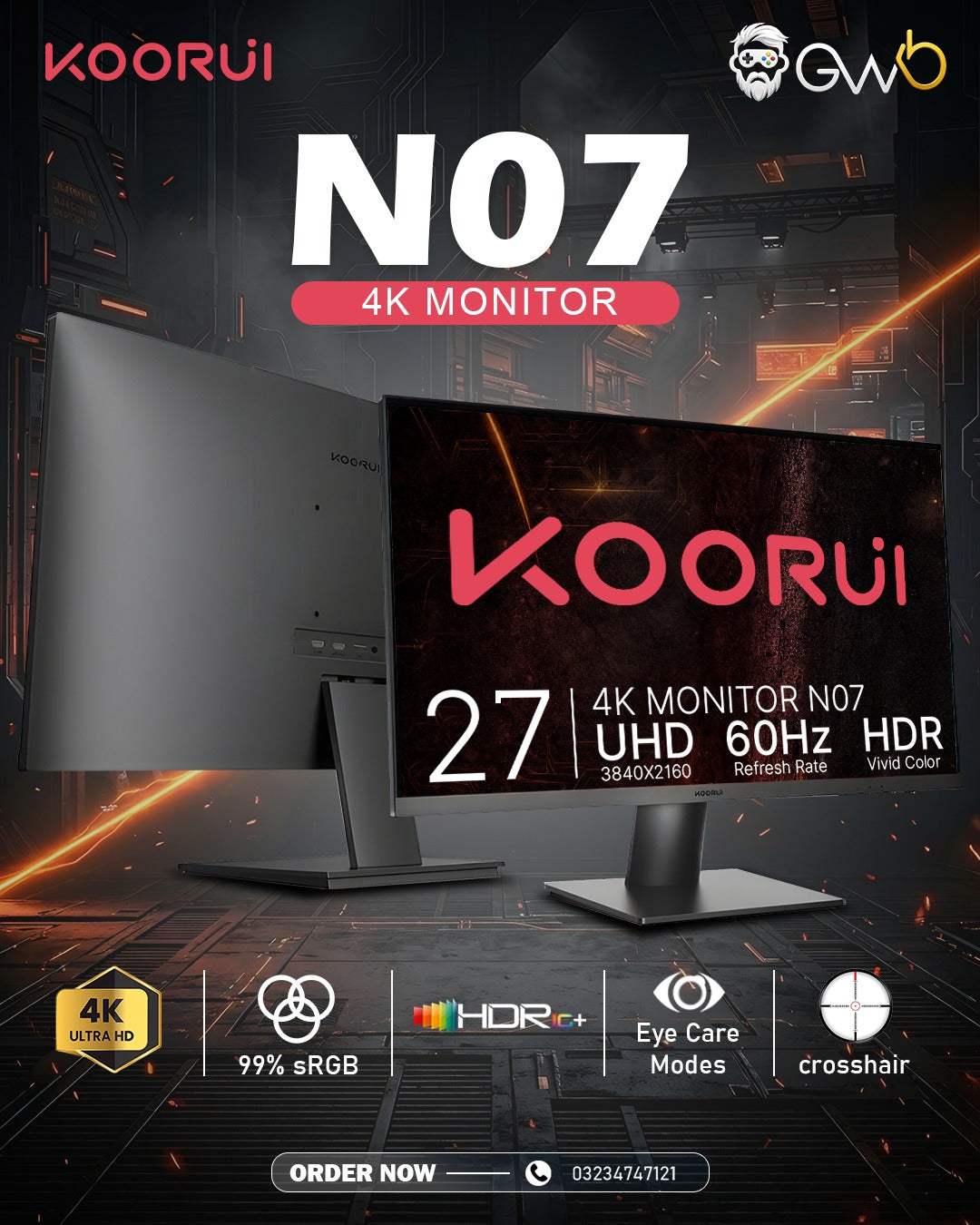 KOORUI 27" 4K UHD Monitor (N07) – IPS Computer Display, 3840x2160, 95% DCI-P3, 1.07B Colors, FreeSync & G-Sync Compatible