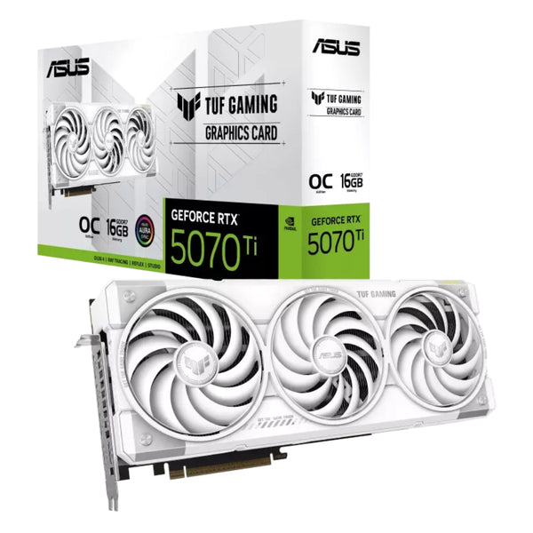 ASUS TUF Gaming GeForce RTX 5070 Ti White OC 16GB graphics card with retail box