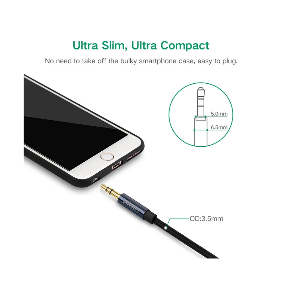 UGREEN 10686 3.5mm Male to Male AUX Audio Cable (1.5 Meter) Braided Blue with Gold-Plated — connection and usage detail 3