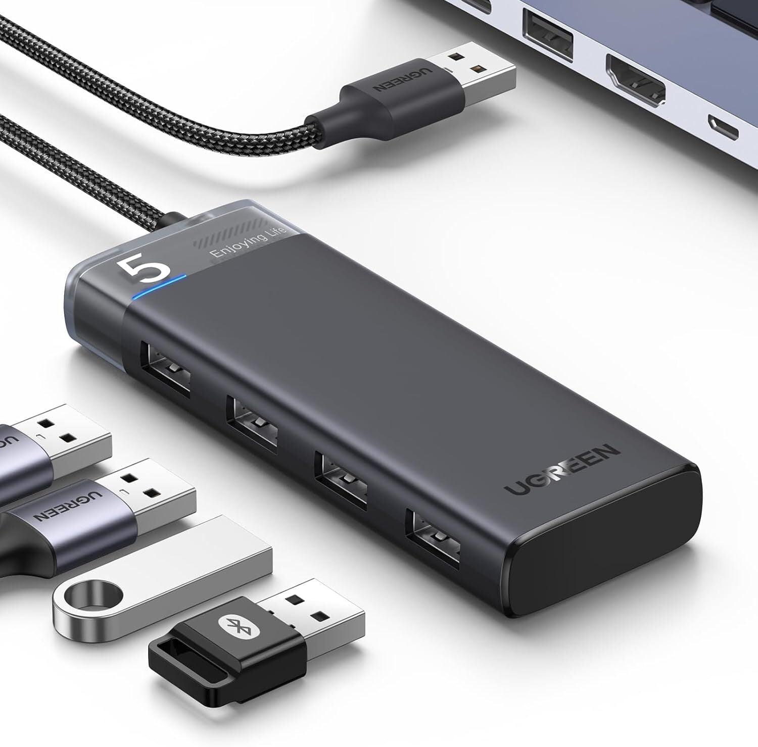 UGREEN 4-Port USB 3.2 HUB 5Gbps Data Transmission with LED Indicator USB C Power Supply for PC, Laptop, Flash Drive, Mobile HDD, Windows (15548) — connection and usage detail 1