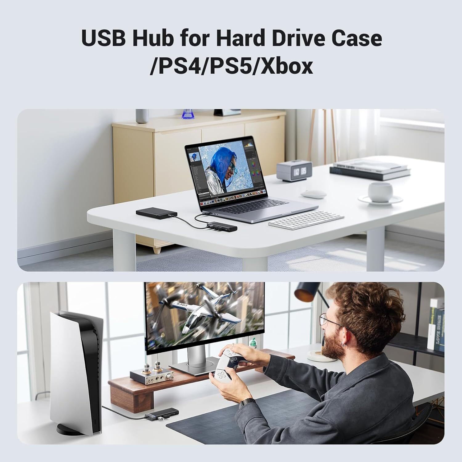 UGREEN 4-Port USB 3.2 HUB 5Gbps Data Transmission with LED Indicator USB C Power Supply for PC, Laptop, Flash Drive, Mobile HDD, Windows (15548) — connection and usage detail 3