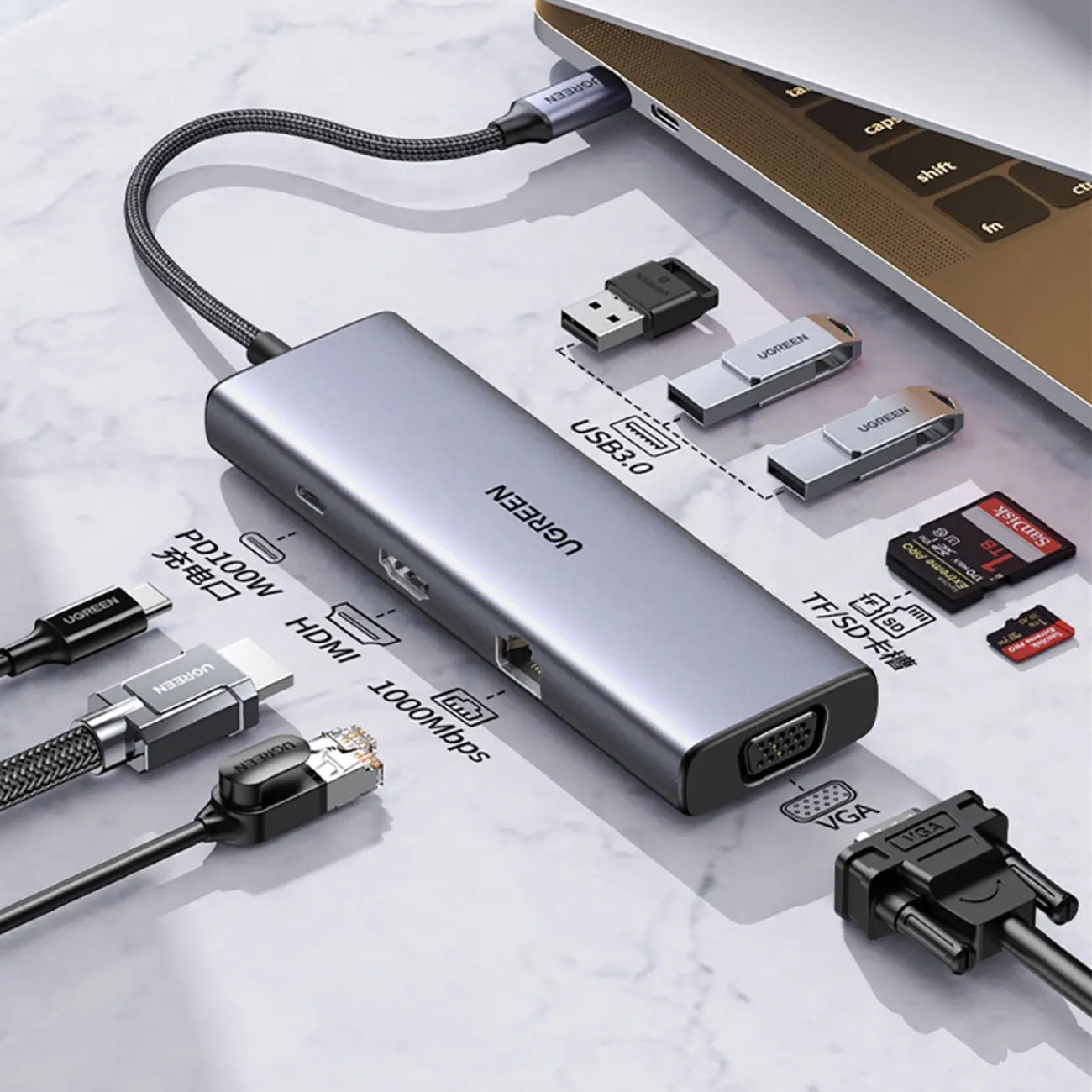 UGREEN CM498 9-in-1 USB-C Dock with HDMI, VGA & Gigabit Ethernet (15600) — connection and usage detail 1