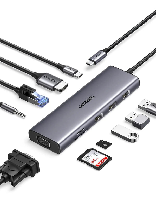 UGREEN 10-in-1 USB-C Docking Station 4K HDMI VGA Dual Monitor 1Gbps Ethernet 100W PD 3x USB 3.0 SD/TF Audio Laptop Tablet 15601 — product view