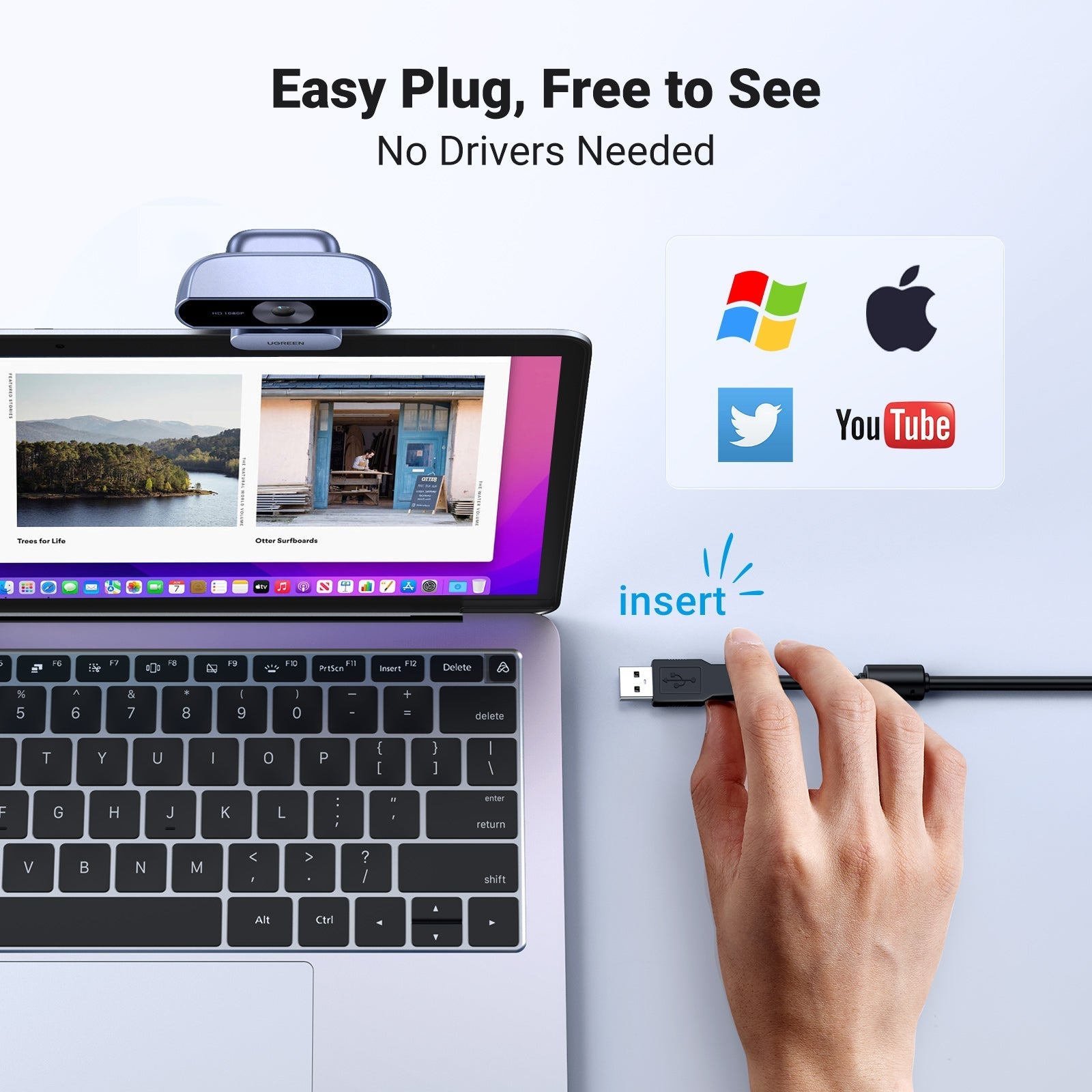 UGREEN Webcam, 1080P@30FPS Web Camera with 2 Noise Canceling Microphones, Plug and Play, Auto Light Correction, 85° View USB Video Webcam — connection and usage detail 3