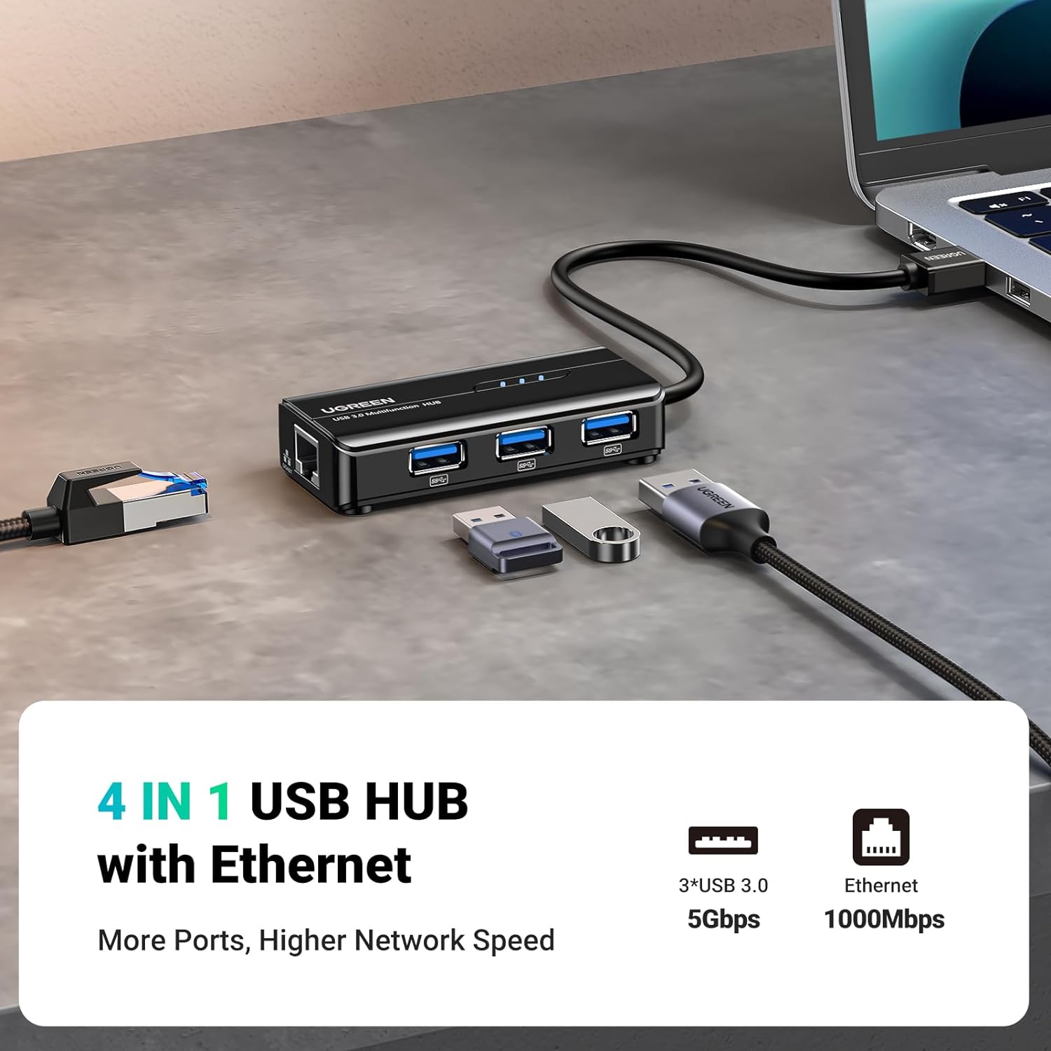 UGREEN 20265 USB 3.0 Hub with Gigabit Ethernet — connection and usage detail 1