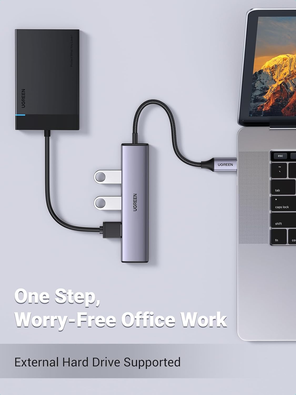 UGREEN 20841 Aluminum 4 in 1 USB C to USB 3.0 Hub — connection and usage detail 2