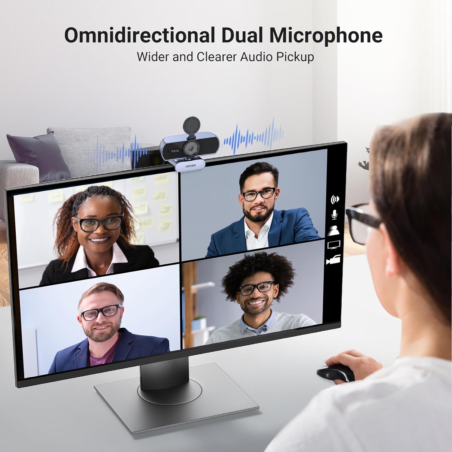 UGREEN 25442 2K Webcam Full HD 1080P for PC, Autofocus, Privacy Cover, Dual Noise Cancelling Mics, Computer USB Camera for Streaming, Conferencing, Calling, Zoom, Skype, Teams — connection and usage detail 2
