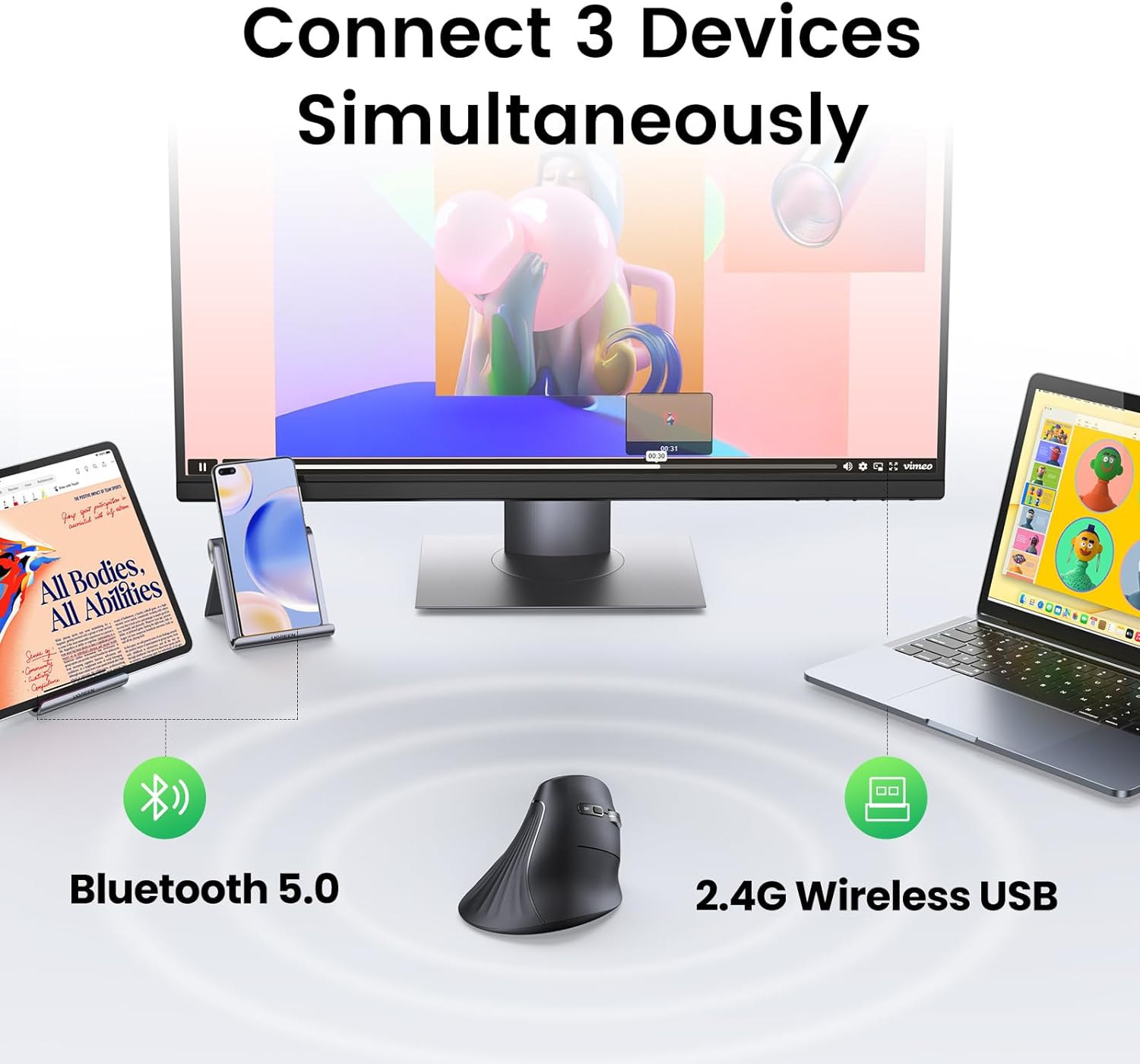 UGREEN 25444  Vertical Mouse Wireless (Bluetooth 5.0+2.4G) 4000 DPI Max Ergonomic Mouse with 5 Buttons — connection and usage detail 2