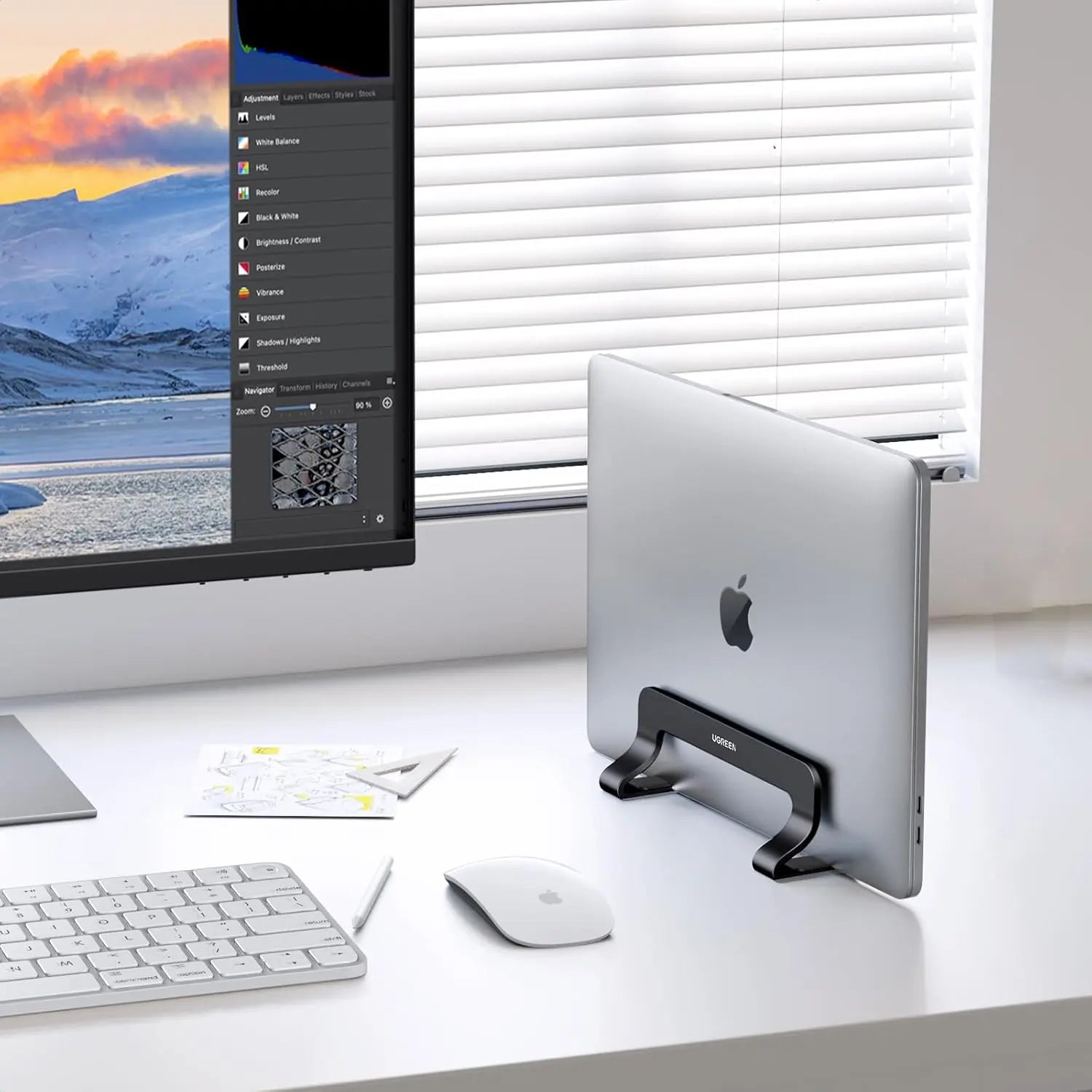 UGREEN Vertical Laptop Stand Adjustable Aluminum Dock MacBook Surface Chromebook 15.6 Inch Desktop Holder Space Saver (25706) — connection and usage detail 1