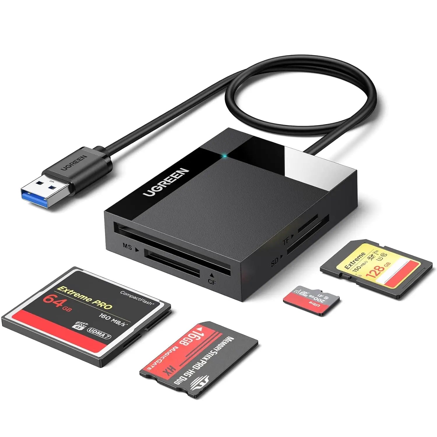 UGREEN 30333 USB 3.0 4-in-1 SD/TF/CF/MS Card Reader, 0.5m — product view