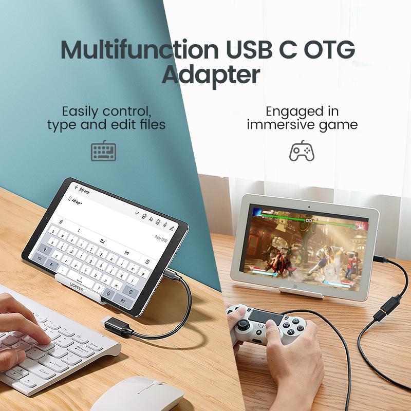 UGREEN 0.15m USB C to USB Adapter OTG Cable Type C Male to Type A Female Adaptor USB-C to USB 3.0 Converter Compatible with Thunderbolt 3 MacBook, iMac, iPad, iPhone 15 — connection and usage detail 2