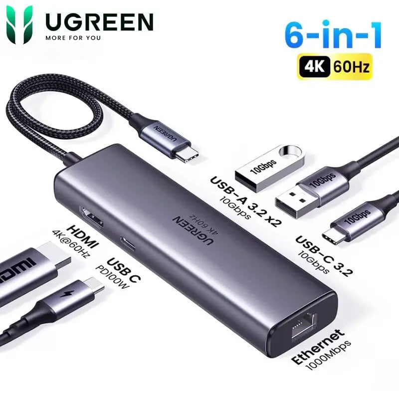 UGREEN 45000 6-in-1 USB-C Hub, 4K60, 10Gbps and Gigabit — connection and usage detail 1