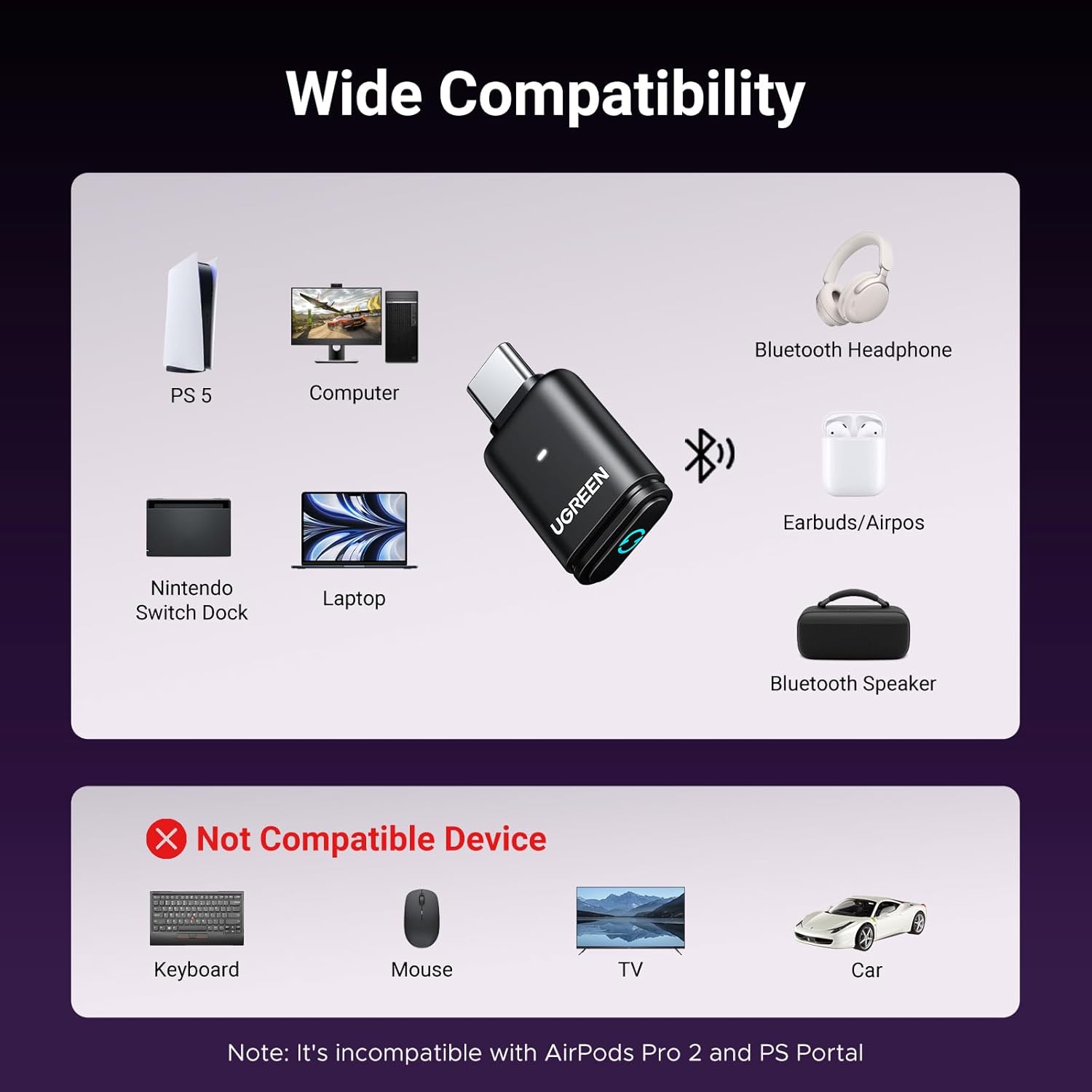 UGREEN 45008 Bluetooth 5.3 Adapter for PS5 and PC APTX Low Latency — connection and usage detail 2