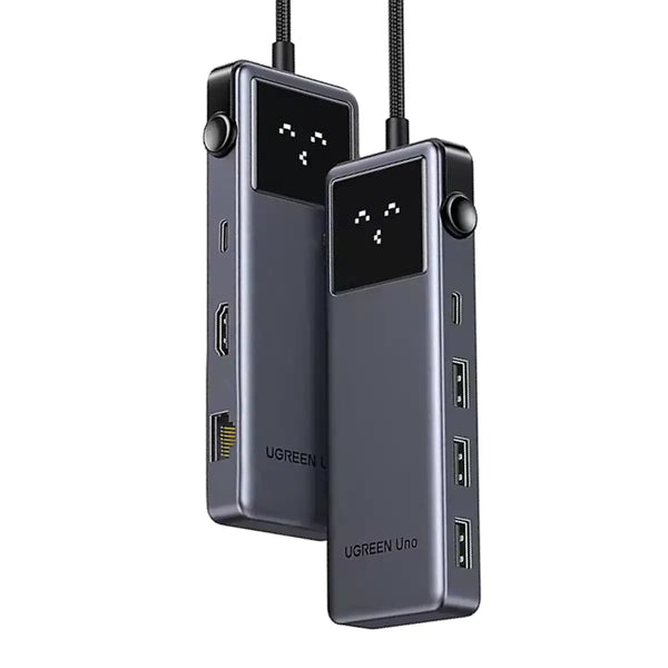 UGREEN 45155 Uno 7-in-1 USB-C Hub 4K@60Hz HDMI, 100W PD Fast Charging, Gigabit Ethernet, 5Gbps USB-C & USB-A Expansion Dock with Smart Robotic Emoji LED Screen — product view