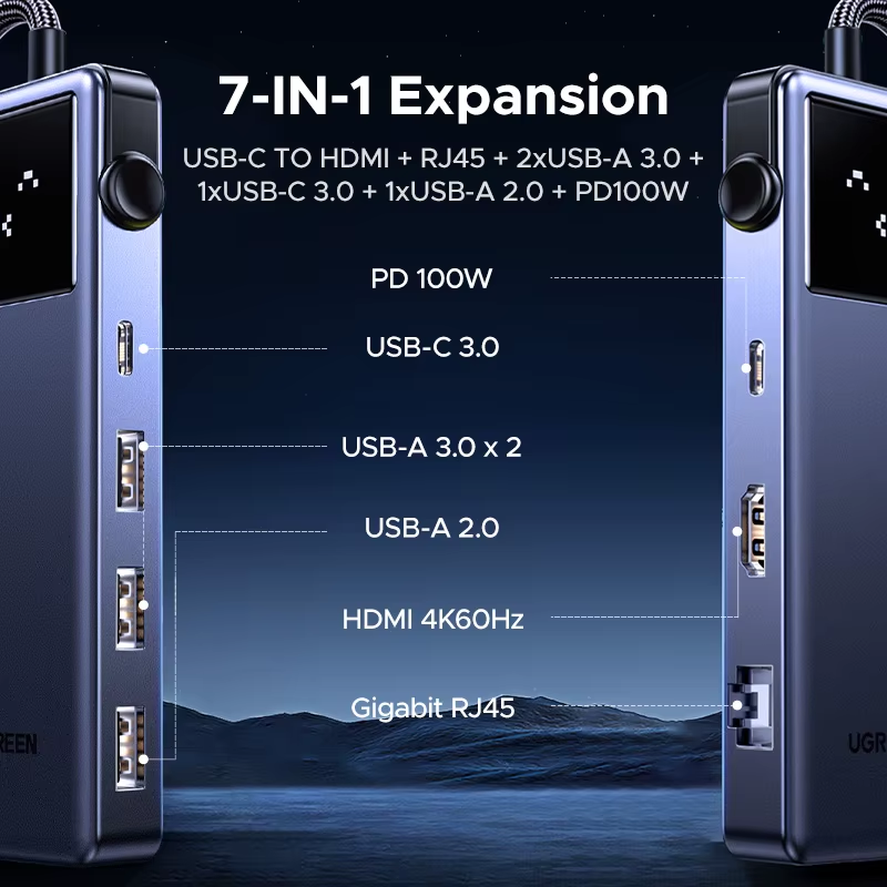 UGREEN 45155 Uno 7-in-1 USB-C Hub 4K@60Hz HDMI, 100W PD Fast Charging, Gigabit Ethernet, 5Gbps USB-C & USB-A Expansion Dock with Smart Robotic Emoji LED Screen — connection and usage detail 1