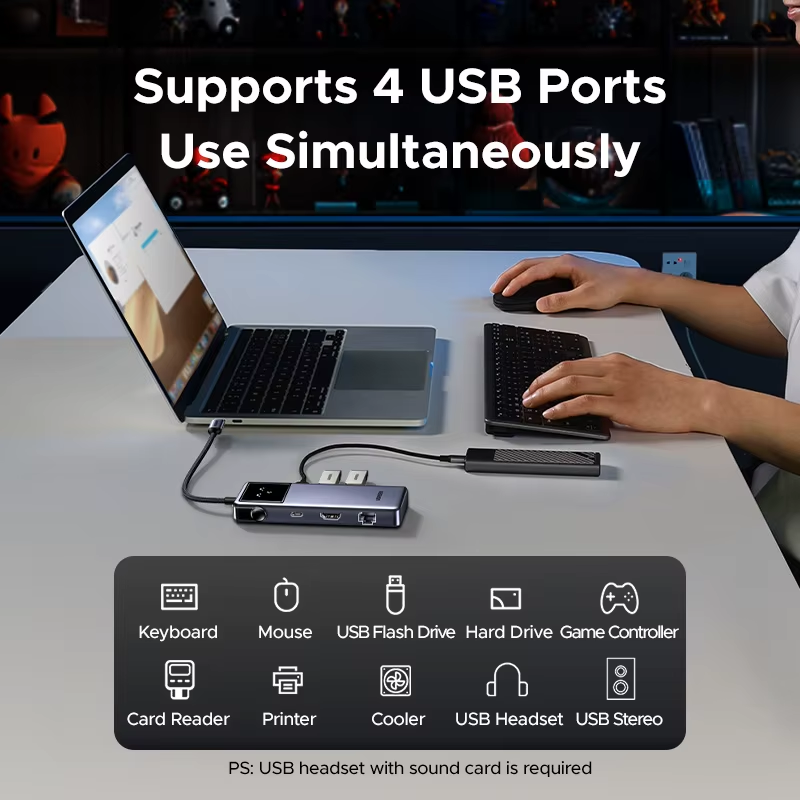 UGREEN 45155 Uno 7-in-1 USB-C Hub 4K@60Hz HDMI, 100W PD Fast Charging, Gigabit Ethernet, 5Gbps USB-C & USB-A Expansion Dock with Smart Robotic Emoji LED Screen — connection and usage detail 2